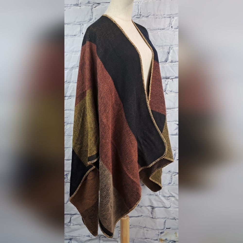 Danier Womens Cape Poncho Boho Wrap Blanket Shawl Open Front Colorblock One Size - Picture 3 of 13